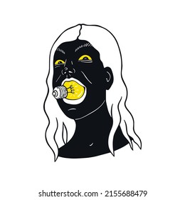 Vector illustration of a portrait of a man with a light bulb in his mouth. Girl with a light bulb funny art. Isolated on white background.