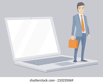 Vector illustration of a portrait of miniature man in a jacket lawyer with a briefcase in his hand stands on the notebook on grey background