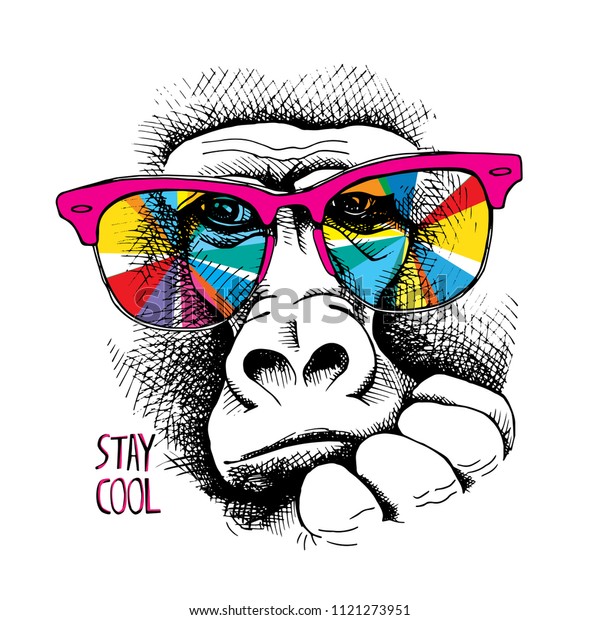ベクターイラスト 虹の色の眼鏡をかけた猿のポートレート 落ち着いて 引用文を入力します ポスター Tシャツ構成 手描きのスタイルプリント のベクター画像素材 ロイヤリティフリー