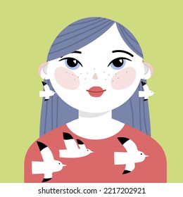 Vector illustration, portrait, people character : Cute little girl. Cartoon style. with birds