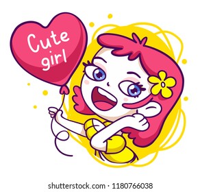 Vector illustration of portrait of pretty girl holding a red heart balloon on white background. Hand drawn line art style of romantic girl for avatar profile, web, site, greeting valentine day card
