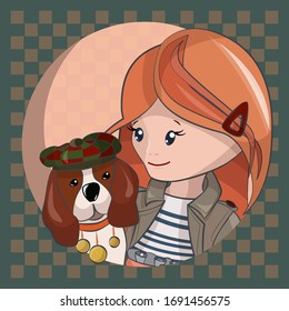 Vector illustration, portrait in a round frame, a girl with red hair in a raincoat, an English dog in a checkered hat on a green background in a cage