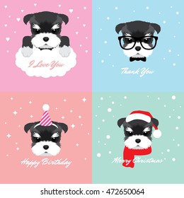 Vector Illustration Portrait of Schnauzer Puppy. Dog Cards