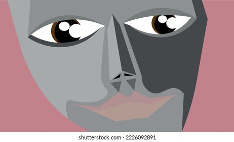 Ilustración vectorial. Retrato en tonos grises. Cara, cara, boca, nariz, ojos. Glare en los ojos. Hermoso retrato vectorial. Ojos grandes con brillo.