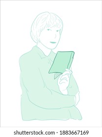 Vector illustration portrait of short hair girl holding and reading book. Wearing a blue shirt Beautifully draw in soft lines with blue themes. smart library girl modern simple lines vector
