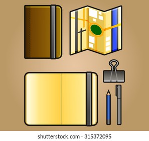 vector illustration of portrait sketchbook and map icon pack 