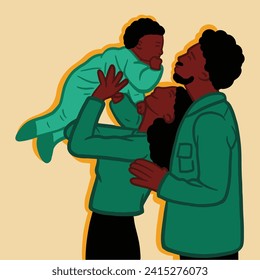 Vector illustration of a portrait of a small black family wearing green clothes and happy twins