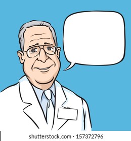 Vector illustration of portrait of a smiling doctor with speech balloon. Easy-edit layered vector EPS10 file scalable to any size without quality loss. High resolution raster JPG file is included.