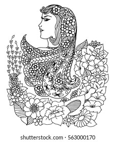 Vector illustration portrait of a society lady among the flowers. Work Made by hand. Book Coloring anti-stress for adults and children. Black and white.