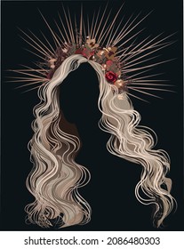 Ilustración vectorial. Una plantilla de retrato con un hermoso cabello ondulado, una flor corona y una corona de halo sin cara. Sobre un fondo oscuro