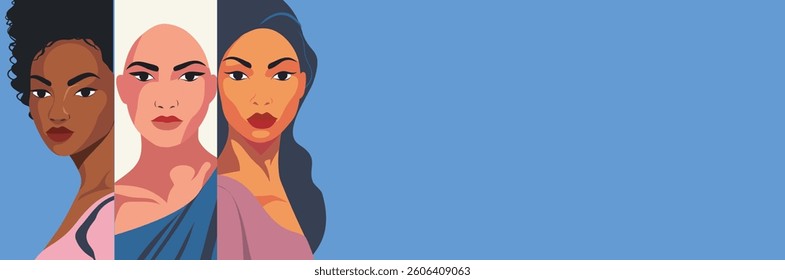 Vector illustration portrait of three different women with different skin color on blue background. Demonstration of strength, unity through facial expression, women empowerment, gender equality