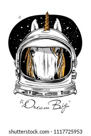 Vector illustration. Portrait of the Unicorn with golden mane and horn in an Astronaut's Helmet on a stellar background. Dream Big - lettering quote. Emblem, t-shirt composition.