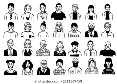 Vector illustration portrait of various people, multiethnic, diverse, different culture and nation. Outline, thin line art, hand drawn sketch design, black and white ink style. Big set collection