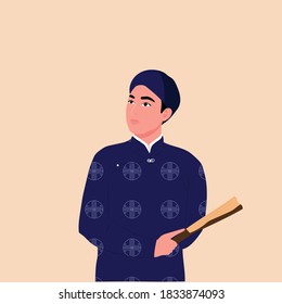 Dibujo vectorial retrato de hombres vietnamitas que usan traje largo tradicional Ao Dai con hinchas o apuesto joven asiático con traje tradicional. Concepto de afiche, pancarta, viajes, turismo en Vietnam