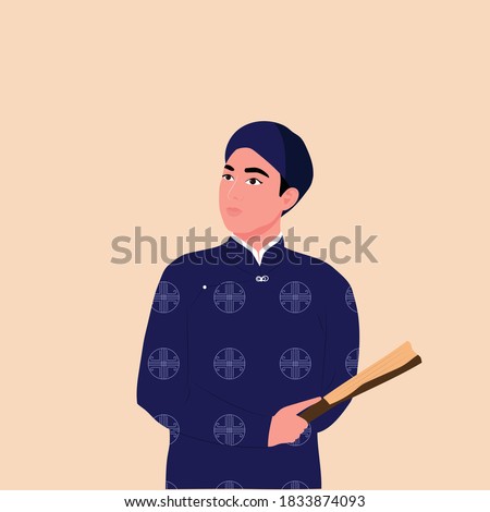 Vector illustration portrait Vietnamese men wear traditional long dress Ao Dai holding fans or handsome young Asian man in traditional dress. Concept for poster, banner, travel, tourism in Vietnam