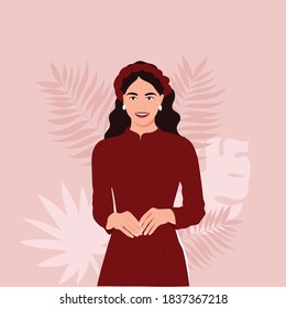 Ilustración vectorial: mujer vietnamita usa un vestido largo y rojo tradicional Ao Dai o una joven asiática con traje tradicional. Concepto de afiche, pancarta, viajes, turismo en Vietnam