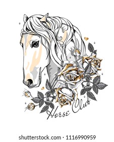 Vector illustration. Portrait of the white Horse with gold Rose flowers and leaves on a white background. Emblem, t-shirt composition, hand drawn style print.