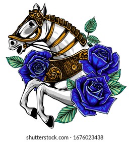 Vector illustration. Portrait of the white Horse with gold Rose flowers and leaves on a white background.