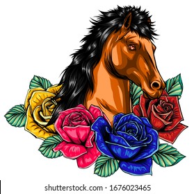 Vector illustration. Portrait of the white Horse with gold Rose flowers and leaves on a white background.