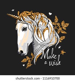 Vector illustration. Portrait of the white Unicorn with a golden sparkle mane and leaves on a black background. Make a wish - lettering quote. Poster, emblem composition, hand drawn style print.