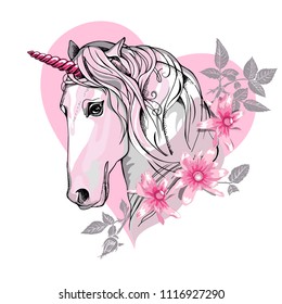 Vector illustration. Portrait of the white Unicorn with flowers and leaves on a pink heart background. Poster, emblem composition, hand drawn style print.