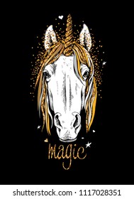 Vector illustration. Portrait of the white Unicorn with golden mane and horn on a black background. Magical - lettering quote. Emblem, t-shirt composition, hand drawn style print.