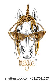 Vector illustration. Portrait of the white Unicorn with golden mane and horn in a sunglasses on a white background. Magical - lettering quote. Emblem, t-shirt composition, hand drawn style print.