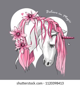 Vector illustration. Portrait of the white Unicorn with a pink mane and flowers on a heart background. Believe in magic - lettering quote. Poster, t-shirt composition, hand drawn style print.