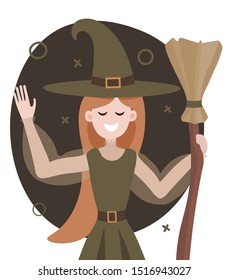Vector illustration portrait of a witch with a broom in green shades .Greeting card, poster, banner, design element.