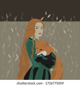 vector illustration portrait of witch girl with fox