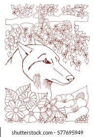 Vector illustration portrait of of the wolf among the flowers and tree branches. Work done by hand. Book Coloring anti-stress for adults and children.Brown and white