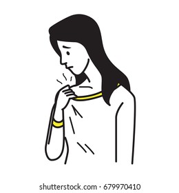 Vector illustration portrait of woman holding t-shirt, and smell somethink stinks, sniffs herself. Healthcare concept in hygiene of body and clothes. Outline hand draw sketching design, simple style.