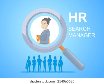 Vector illustration portrait of a woman manager keeps a folder with documents in hands seen through a magnifier on blue background with silhouettes of business people
