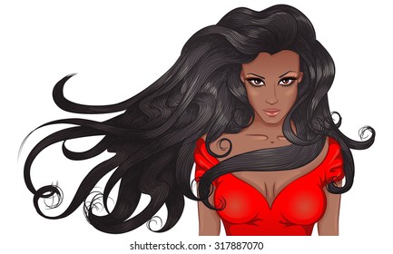 Vector Illustration Portrait Of A Young African American Woman With Long Hair In Red Dress