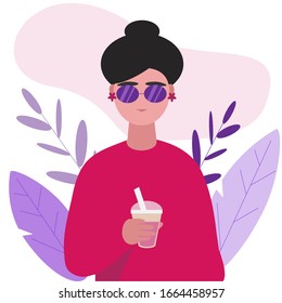 Vector illustration a portrait of a young female character holding a take away cup of tea with plants.