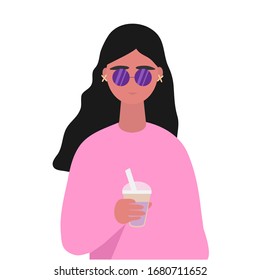 Vector illustration a portrait of a young female character holding a take away cup of tea.