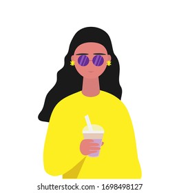 Vector illustration a portrait of a young female character holding a take away cup of tea.White background.Isolated.