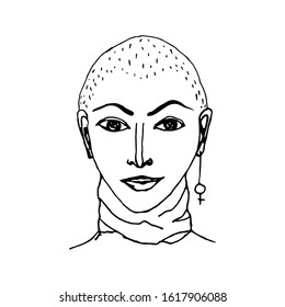 Vector illustration with a portrait of a young feminist woman. Line drawing of a girl bald in face with a sign of feminism earring in her ear. Outline