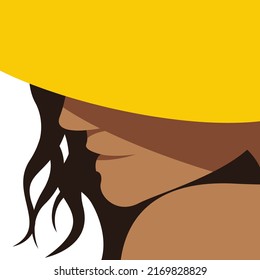 ilustración vectorial de un retrato de una joven de perfil, que se relaja y toma el sol en la playa con un sombrero. útil para la publicidad, vacaciones de verano, vacaciones, playas, hoteles, salones de belleza