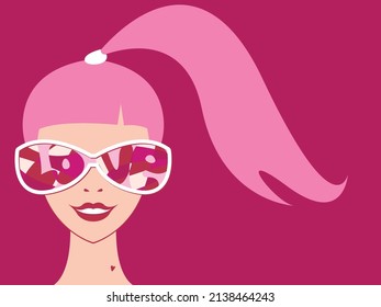 Ilustración vectorial - retrato de una joven linda mujer con una cola en la cabeza con gafas de sol con un reflejo - la palabra amor y espacio para copiar. Portada de concepto o afiche