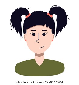 vector illustration of a portrait of a young smiling Asian woman with a funny hairstyle on her head