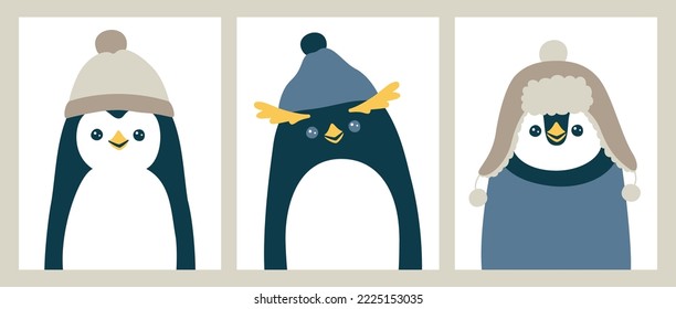 Vector illustration portraits of cute penguins in hats