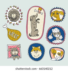 Vector illustration with portraits of dogs of different breeds.  Funny design elements.