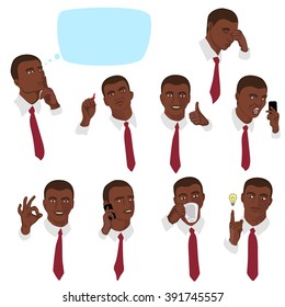 Vector illustration of portraits man. Set of portraits of a businessman with different emotions and actions. Afro american