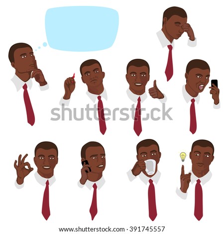 Vector illustration of portraits man. Set of portraits of a businessman with different emotions and actions. Afro american