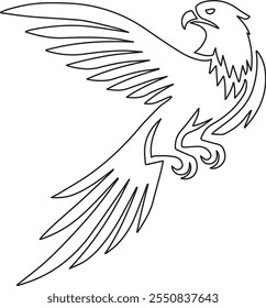 A vector illustration portraying a flying bird of prey in a detailed black contour line art style, ideal for use in educational content, artistic projects, or as a design element.