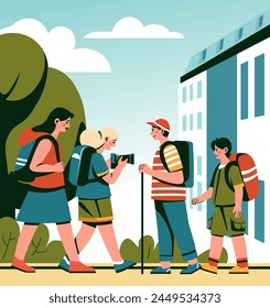 A vector illustration portraying a group of young students with backpacks exploring and photographing an urban setting, suggesting discovery and education.