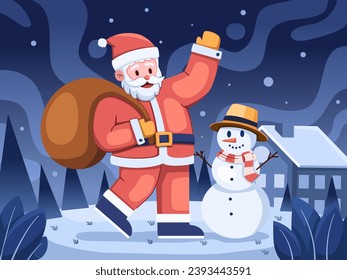 Vector illustration portraying Santa Claus delightfully carrying a bag of Christmas gifts, spreading joy and happiness.
perfect for invitation, greeting card, postcard, banner, promotion, etc