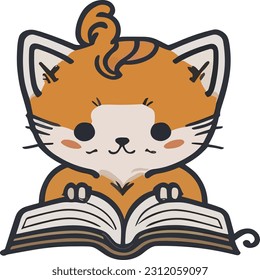 A vector illustration portrays a cat fully engrossed in a book, with an expression of awe and curiosity.