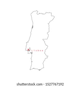 Vector illustration of Portugal outline map with capital city Lisboa. 
